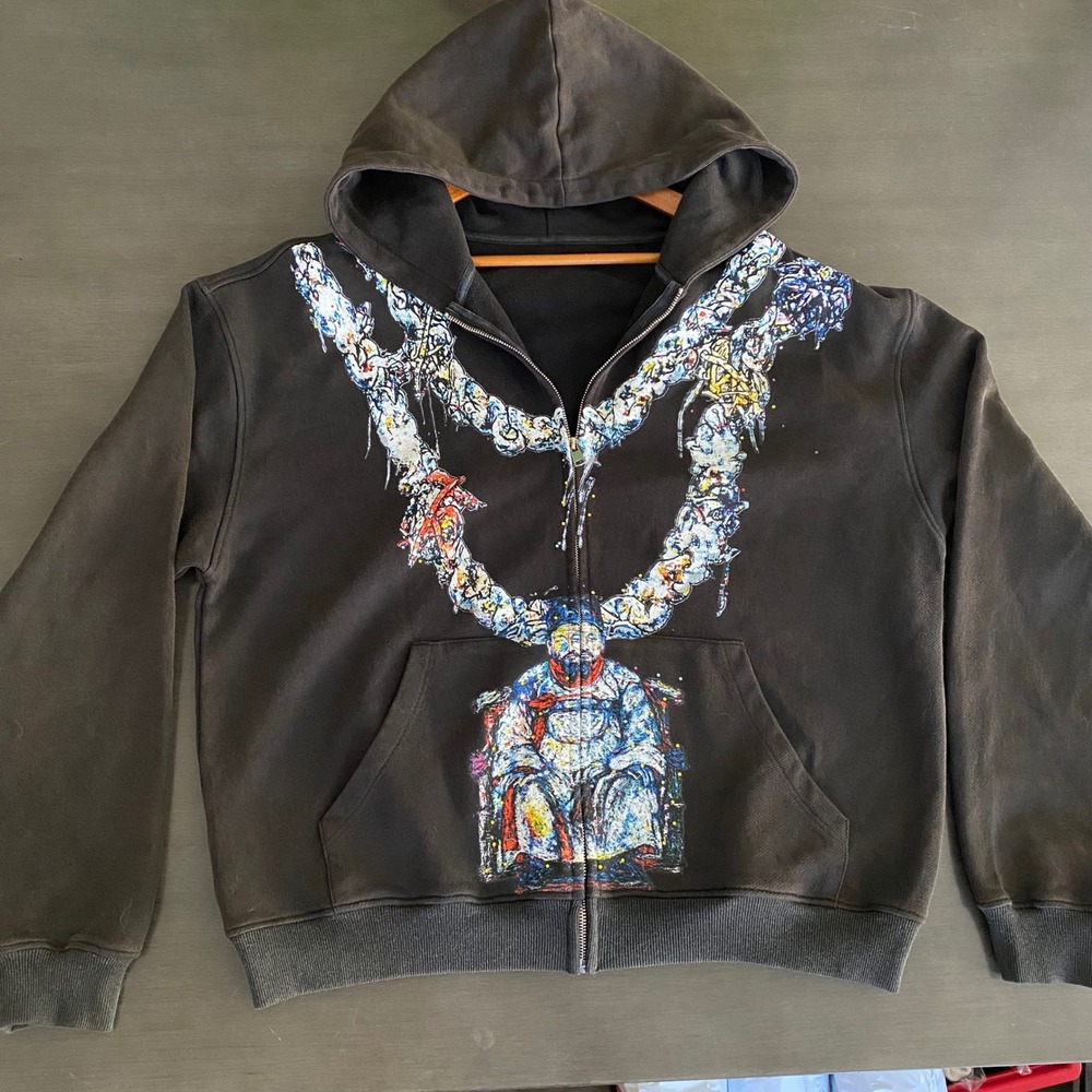 Mens Black Graphic Heavyweight Zip Up Hoodie Streetwear Art Grunge L-XL